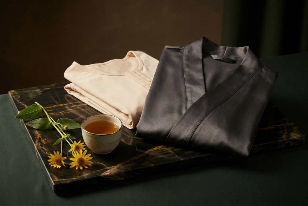 Mommy makeover recovery essentials: folded compression garment, silk robe and herbal tea