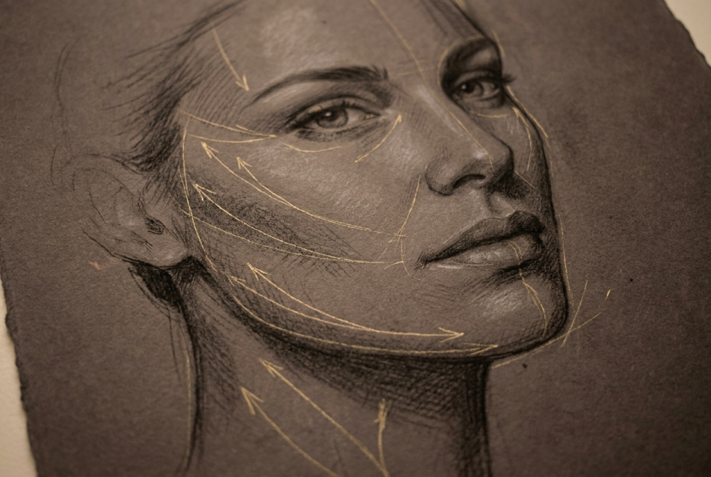 Charcoal and gold facelift planning sketch showing facial contour and lift vectors