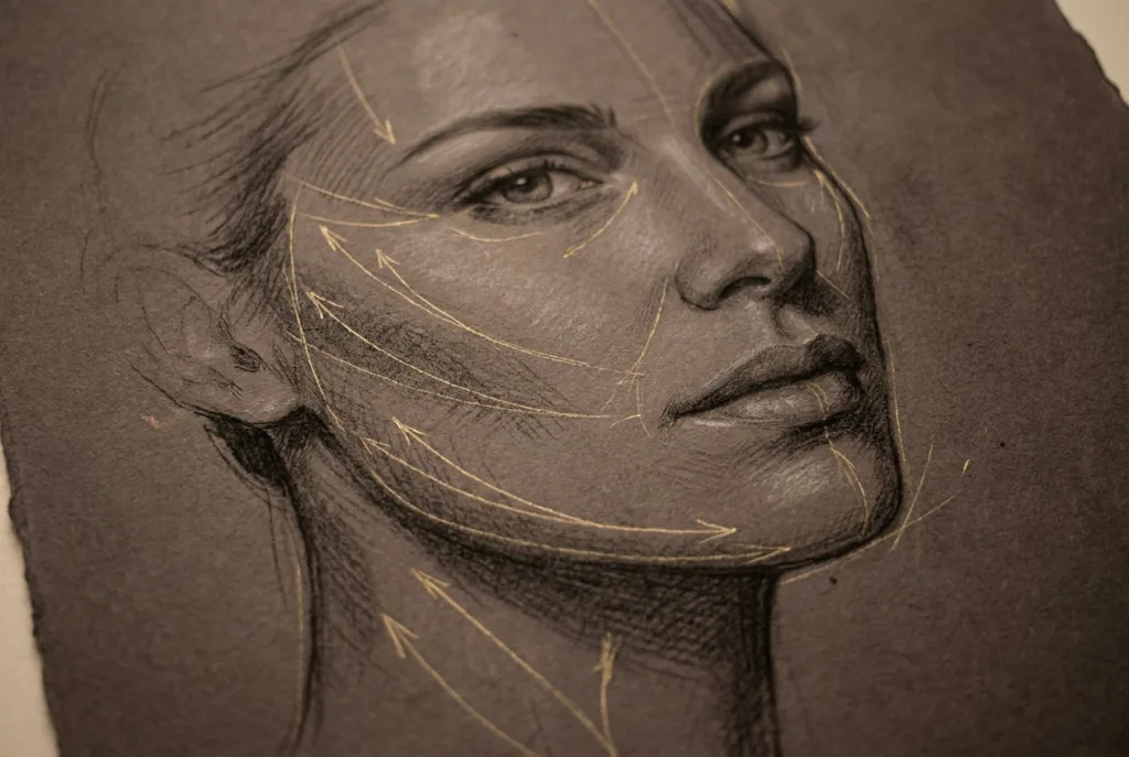 Charcoal and gold facelift planning sketch showing facial contour and lift vectors