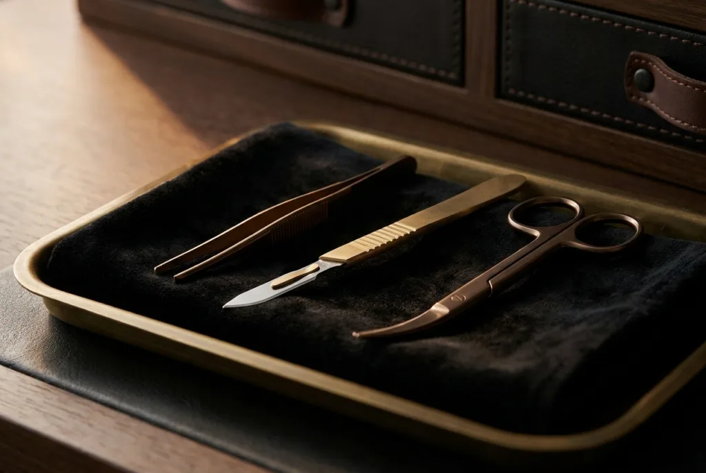 Refined surgical instruments on a dark tray, arm lift procedure