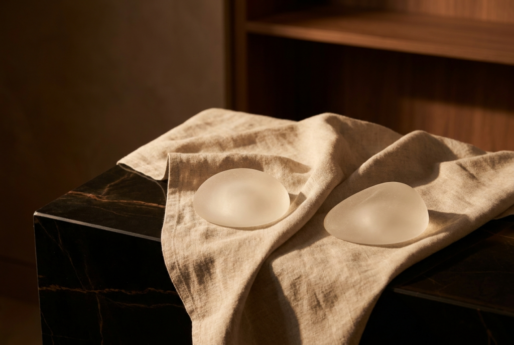 Two silicone breast implant samples resting on folded linen