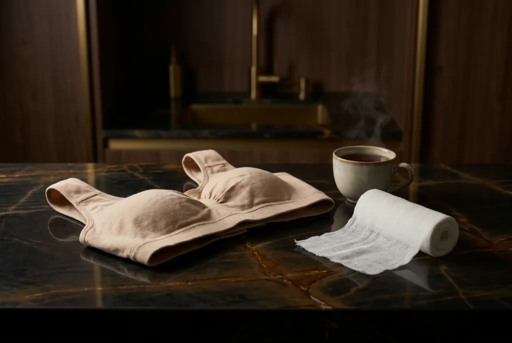 Breast lift recovery: folded surgical support bra with cotton gauze and tea