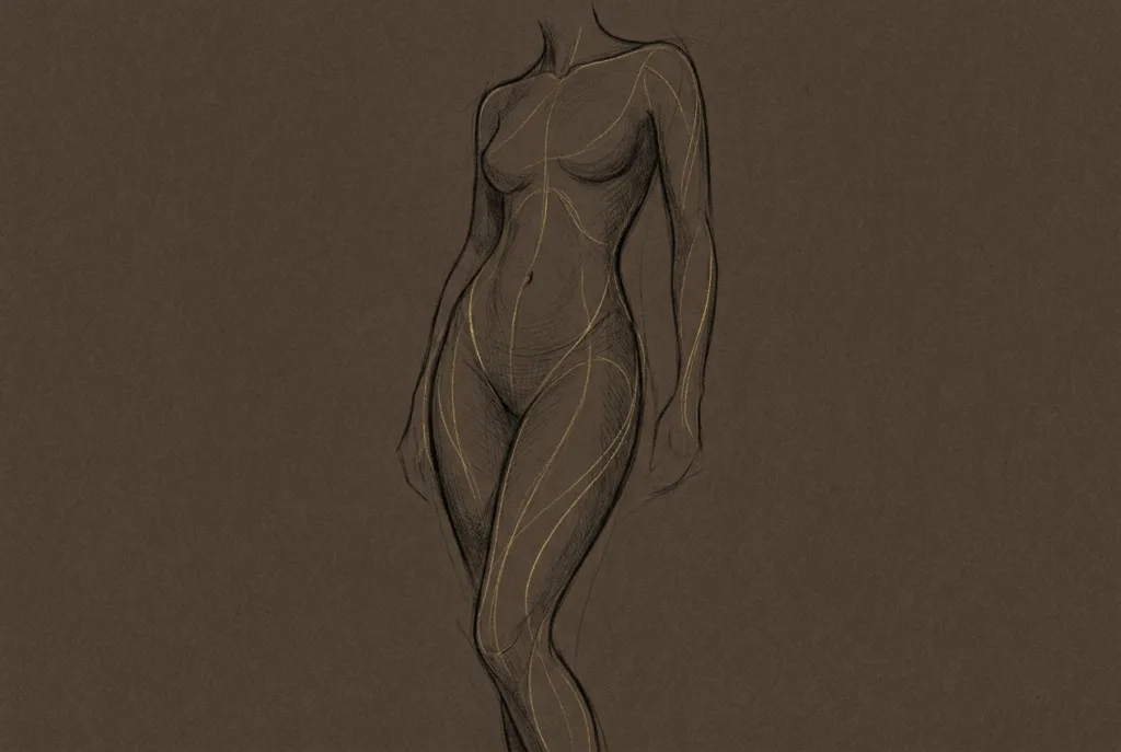 Charcoal and gold body-contouring silhouette study with shaping lines