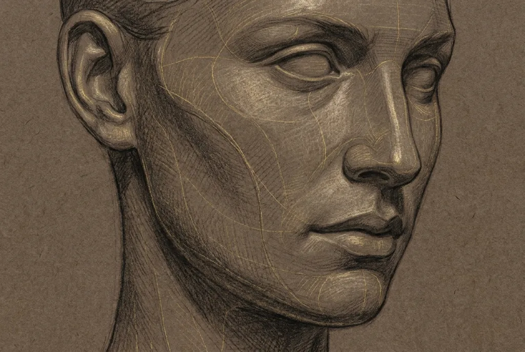 Charcoal facial study emphasizing cheekbone and zygomatic contour