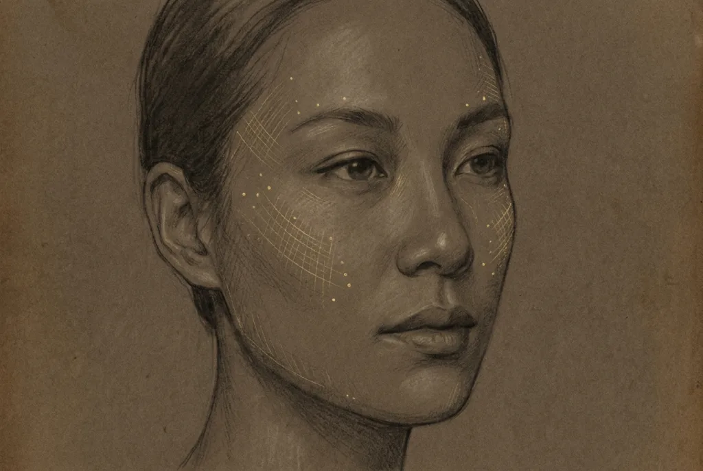 Charcoal facial study with soft volume-restoration points at cheeks and temples