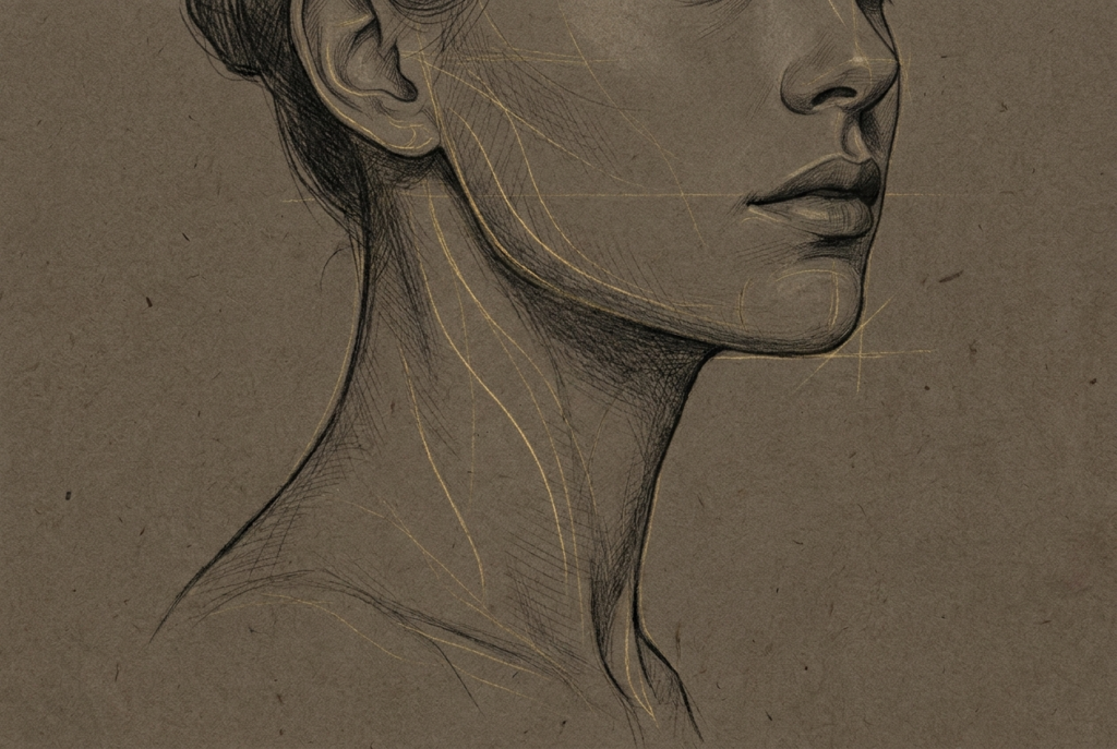 Charcoal head and neck study emphasizing jawline and neck contour