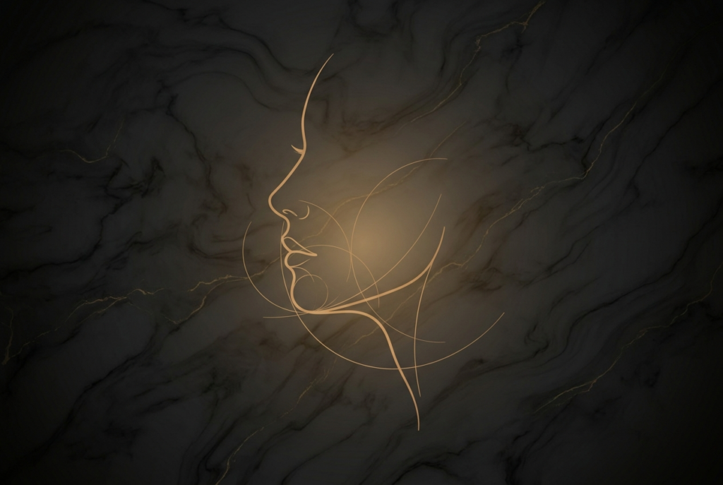 Gold line facial profile emphasizing chin and jaw projection