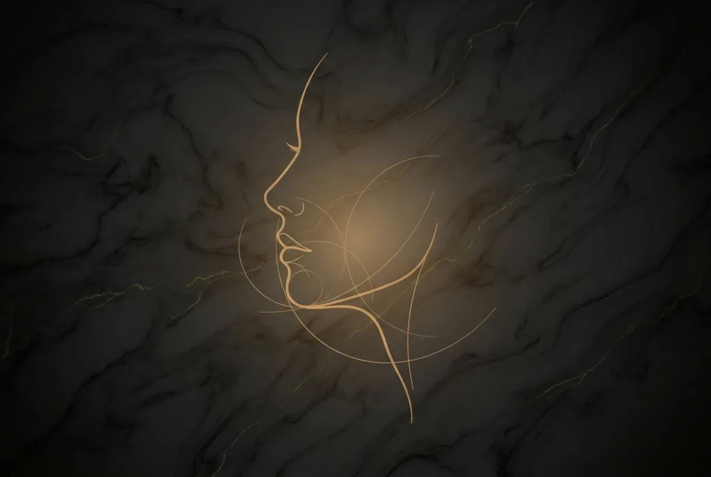 Gold line facial profile emphasizing chin and jaw projection