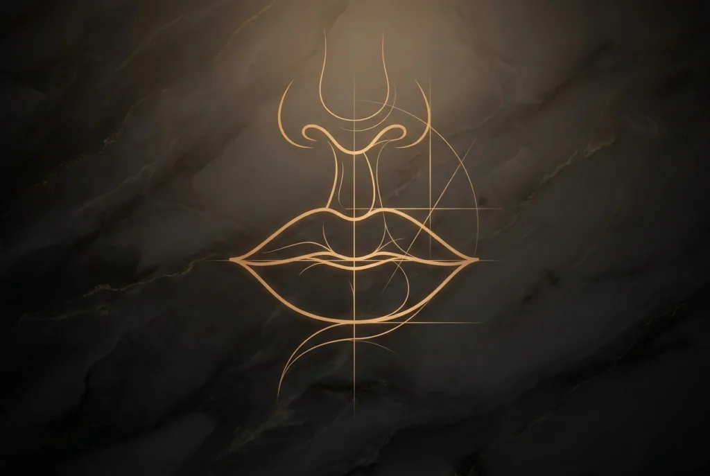 Gold line study of the lips and philtrum with proportion lines